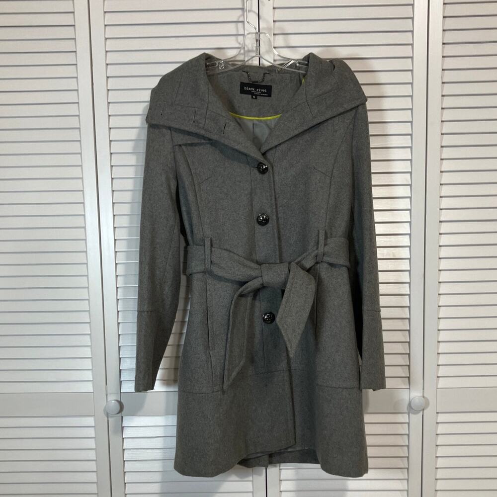 Black Rivet Gray Wool Blended Mid Length Belted Lined Peacoat Trench Coat XL